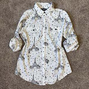 Karl Lagerfeld Paris Whimsical Eiffel Tower Print Button Down Blouse